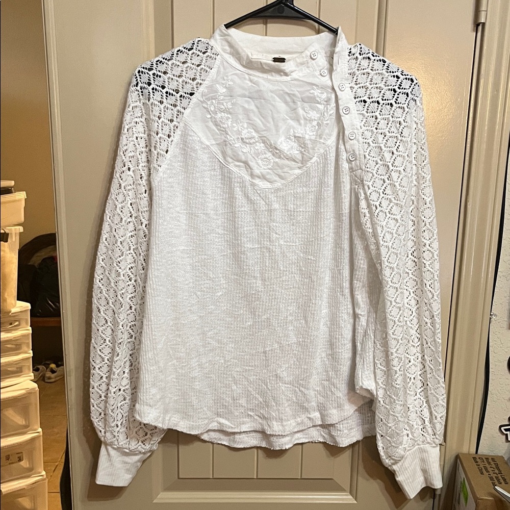 Free People Ivory Crochet Long Sleeve Small Blouse